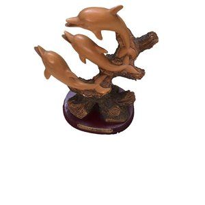 Dancing Dolphins Art Sculpture In Carved Resin Tree Branch Wood Figurine Brown